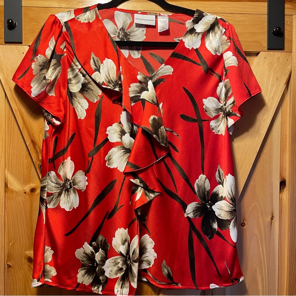 Alfred Dunner  Red Floral Ruffle V-Neck Blouse